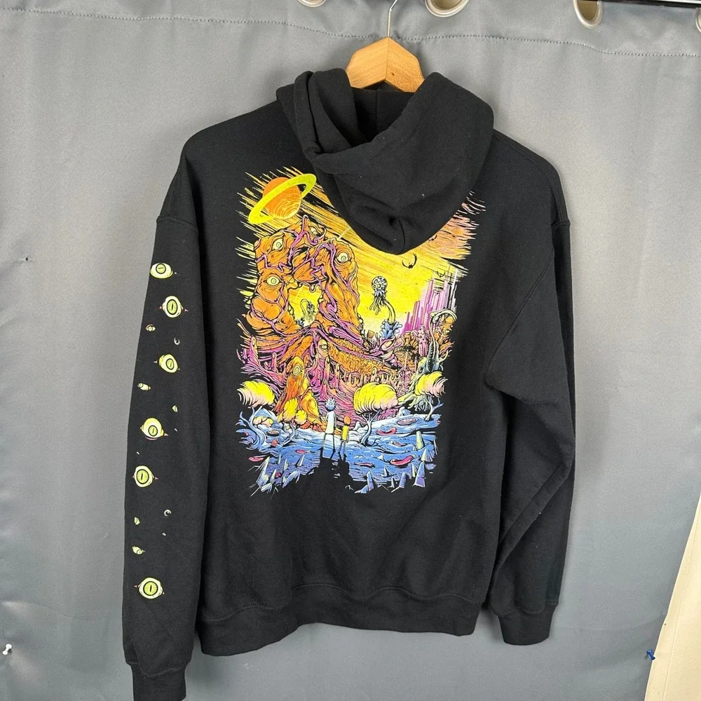 Rick and Morty Adult Swim Graphic Hoodie Black Trippy Back Print Mens Small
